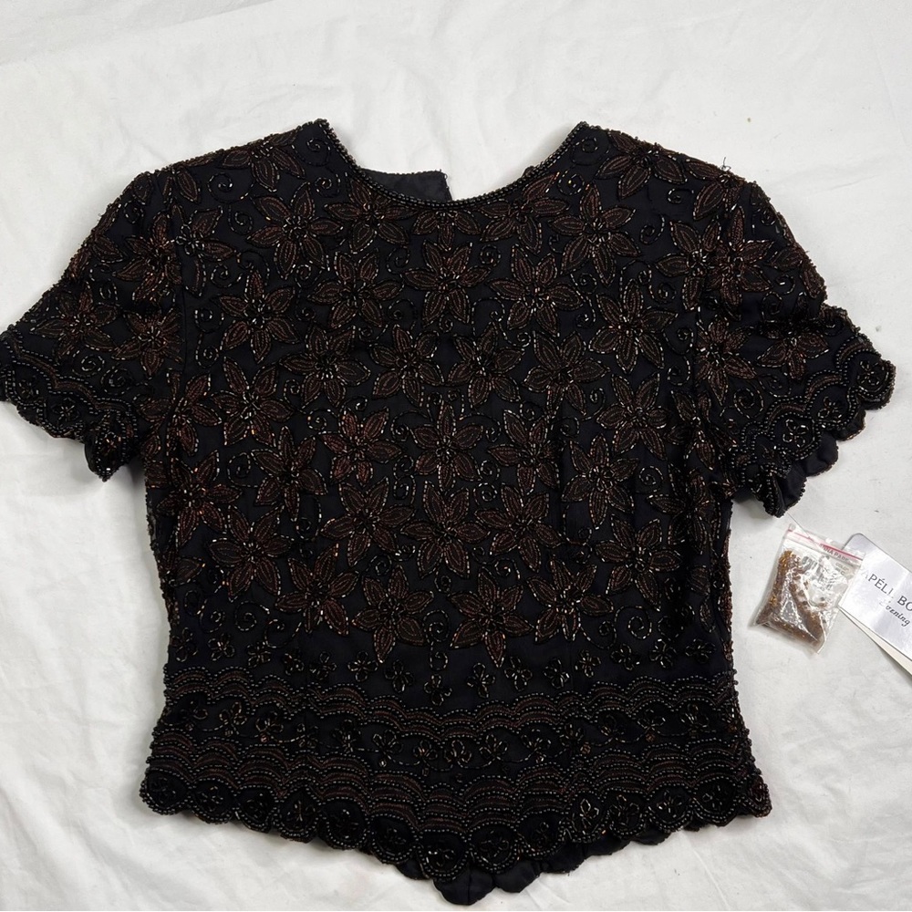 Papell Boutique NEW Womens Sz S brown Silk Beaded Evening Blouse Dressy A040423 - Picture 1 of 7